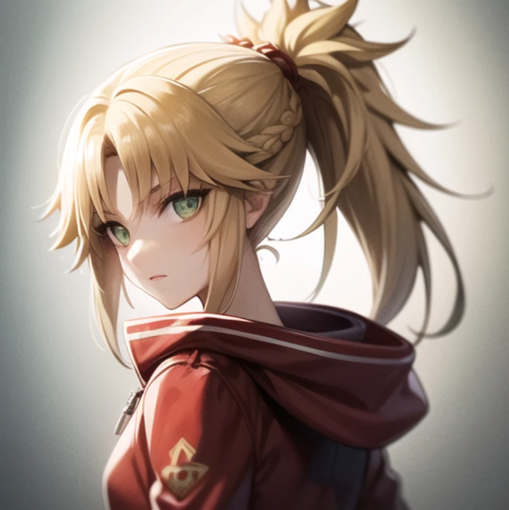 beautiful, masterpiece, best quality, extremely detailed face, perfect lighting, mordred (fate), 1girl, solo, ponytail, green eyes, braid,  <lora:MordredV1:1>, from behind, looking at viewer, looking back, jacket, red jacket, upper body,