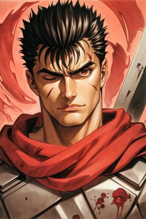 portrait of guts (berserk), 1boy, black hair, angry, scream, yeeling, closed mouth, looking at viewer, male focus, one eye closed, red background, scar, scar on face, scar on nose, scarf, short hair, solo, upper body, weapon on back, blood moon, red night,...