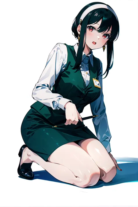 yor briar,
1girl, bangs, bare legs, black footwear, black hair, dress shirt, earrings, flats, full body, green skirt, green vest, hairband, jewelry, kneeling, long hair, long sleeves, looking at viewer, miniskirt, office lady, open mouth, pencil skirt, re...