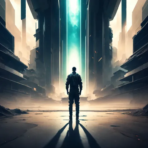 (man) standing in front of a (cyberpunk) city gate <lora:doortoinfinity:0.7>, masterpiece, best quality, absurdres, highres, original, extremely detailed wallpaper, extremely detailed CG, 8k, (color), trending on artstation, cgsociety, pixiv, highly detai...