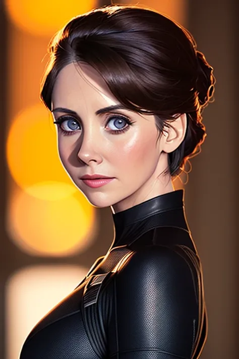 waist up portrait photo of (alisonbrie:1.2), masterpiece, cosplaying as Black Widow from The Avengers, (wearing black skintight Black Widow suit with short red hair:1.3), National Gallery of Art Highlights, sunset, staring at the viewer, antview, bokeh, cl...