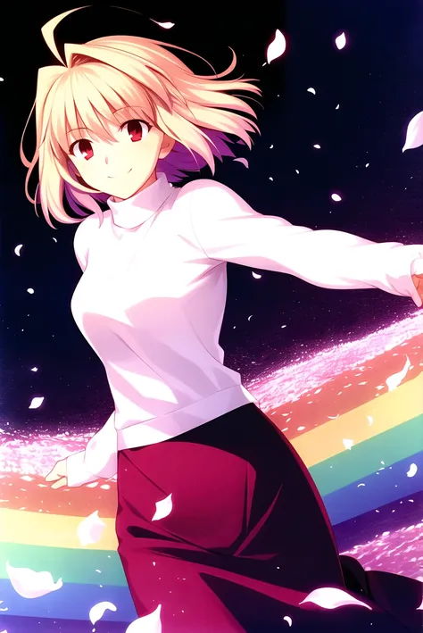 takeuchi takashi,
tsukihime,
arcueid brunestud,
1girl, ahoge, blonde hair, long skirt, petals, purple skirt, rainbow, red eyes, short hair, skirt, smile, solo, sweater, turtleneck
, ((masterpiece))
<lora:takeuchi_takashi:0.65>