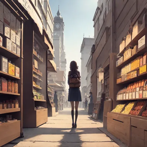 1girl standing in front of a grand bazar, merchants, fantasy, kiosks, carriges, colorful, bright, morning, blue sky, lively, energetic, sunny, masterpiece, best quality, absurdres, <lora:doortoinfinity:0.65>