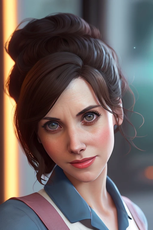 waist up portrait photo of (alisonbrie:1.2), Environmental picture of a highly detailed of a (50s style pinup waitress:1.2) at a diner, smiling, (beautiful face:1.15), perfect sensual body, wearing waitress uniform, boots, dynamic pose, in gta v, stephen b...