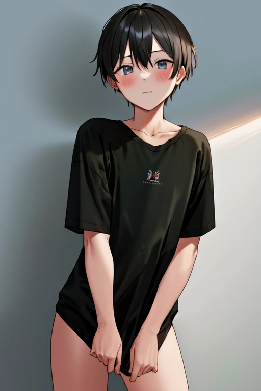 masterpiece, best quality, highres, 1boy, shirt, naked shirt, shirt tug <lora:shirt_tug:1.5>