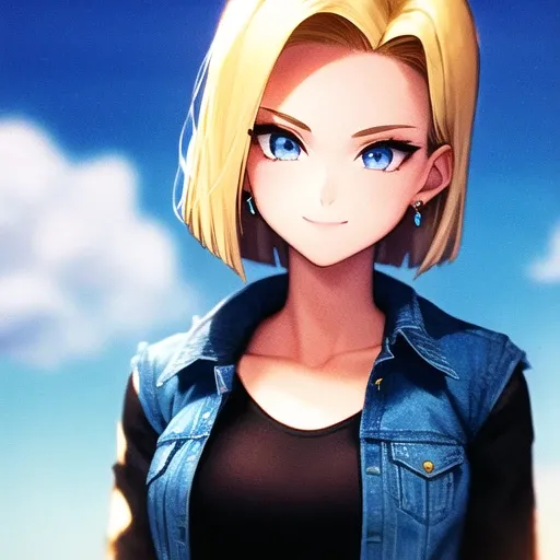 1girl, solo, android 18, blonde hair, blue eyes, short hair, jewelry, earrings, smile, jacket, looking to the side, denim, denim...