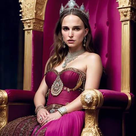 A high quality realistic ((color)) portrait photo of young adult natyport as a queen sitting on a intricate throne, angry, furious, detailed dress, wearing beautiful jeweled crown, ambient occlusion, natural lighting, sharp, contrast, textured skin, detail...