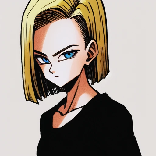 toriyama_akira , , dragon ball, (dragonball z), 1girl, solo, android 18, blonde hair, blue eyes, short hair, simple background, ...