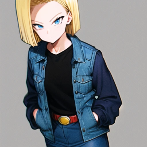 toriyama_akira , dragon ball, (dragonball z), 1girl, solo, android 18, blonde hair, blue eyes, short hair, simple background, belt, hands in pockets, white background, jacket, looking at viewer, black shirt, pants, shirt, denim, closed mouth, blue jacket, ...