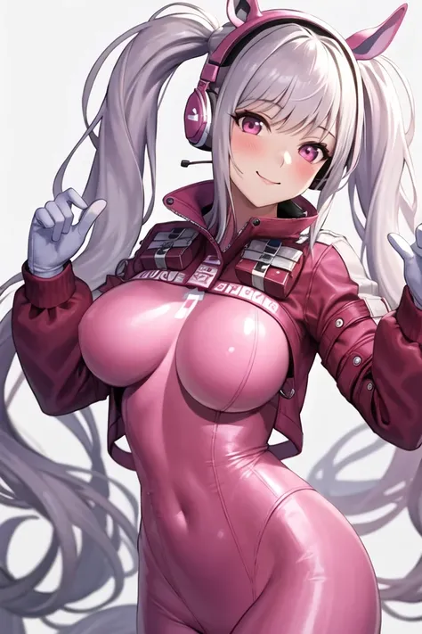 1girl, animal ears, bangs, blush, bodysuit, breasts, closed mouth, fake animal ears, gloves, headphones, headset, horse ears, impossible clothes, jacket, large breasts, long hair, long sleeves, looking at viewer, pink bodysuit, pink eyes, simple background...