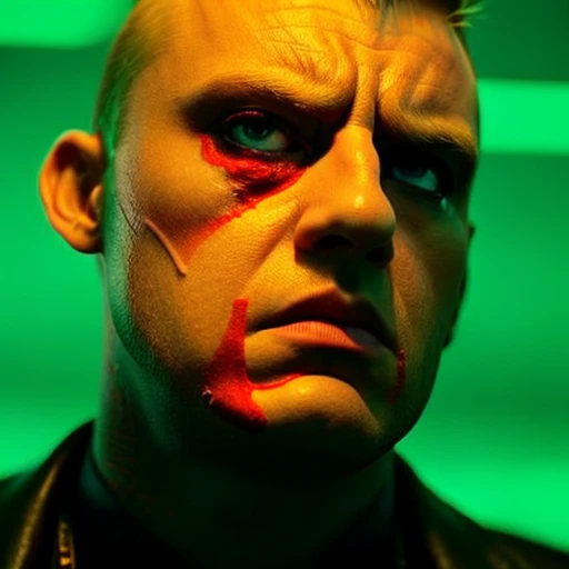 (35mmstyle:1) artstyle, headshot portrait photo cinematic film still of A (angry) Russian synthetic man with glowing green sclera, futuristic, depth of field