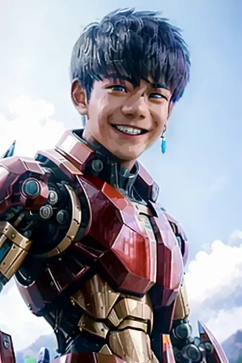Masterpiece, best quality, 1 boy, grin, dramatic lighting ,epic, cyborg, mecha, machinery, robot, weapon, <lora:DingZhenLora:1>, pointing_gun