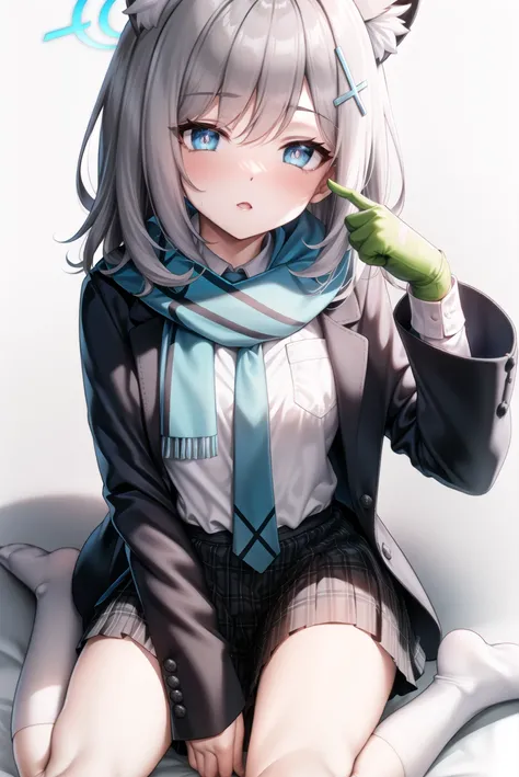 shiroko (blue archive), 1girl, solo, halo, animal ears, white background, skirt, white socks, grey hair, hair ornament, socks, scarf, white shirt, looking at viewer, animal ear fluff, jacket, blue jacket, blue eyes, simple background, shirt, blue scarf, lo...