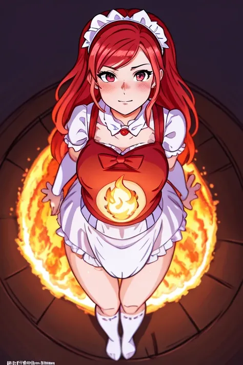 high quality, 1girl woman, from above, Bunny Maid Lucie, diaper, red hair, doe eyes, fire in the background, art by shinkai makoto, studio ghibli, studio key, hideaki anno, sakimichan, artgerm, rossdraws, james jean, marc simonetti, digital painting