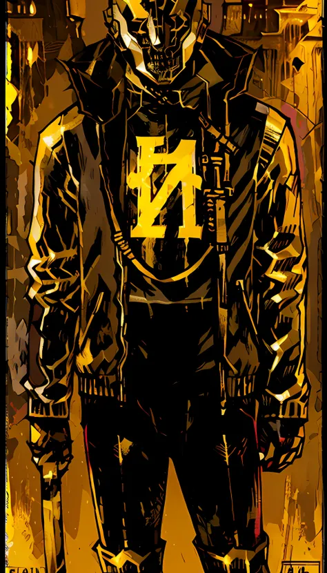 masked man, looking back, evil, gold color <lora:tarot card v3:1>