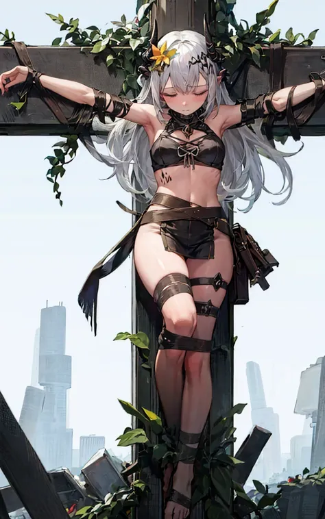 masterpiece,1girl,solo, <lora:mudrocksummerv1-000008:0.8>,horns,white hair,crucifixion,long hair,very long hair, <lora:crucifixi...