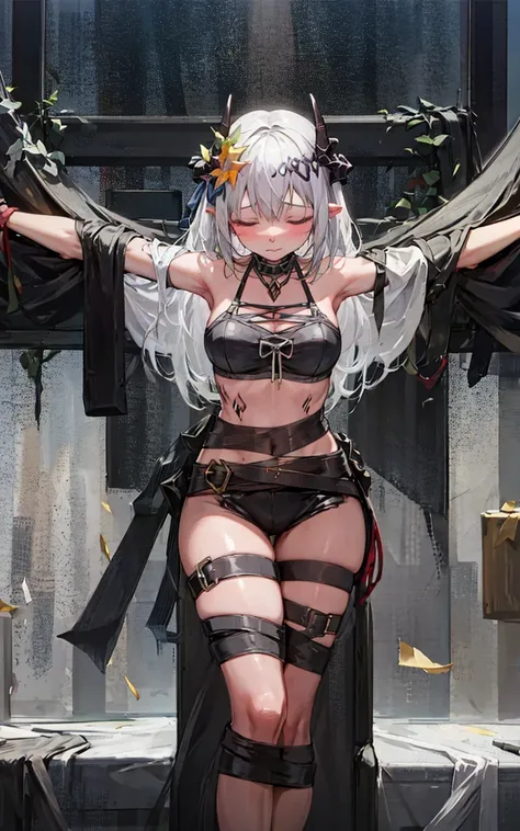 masterpiece,1girl,solo, <lora:mudrocksummerv1-000008:0.8>,horns,white hair,crucifixion,long hair,very long hair, <lora:crucifixi...