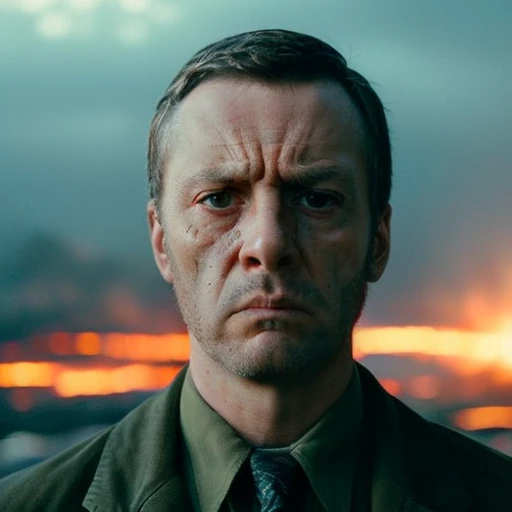 (35mmstyle:1) ((portrait photo) artstyle close portrait photo film still of A close-up portrait of a determined man, with intense eyes and a furrowed brow, standing in front of a massive explosion with debris raining down behind him, depth of field, Cinema...