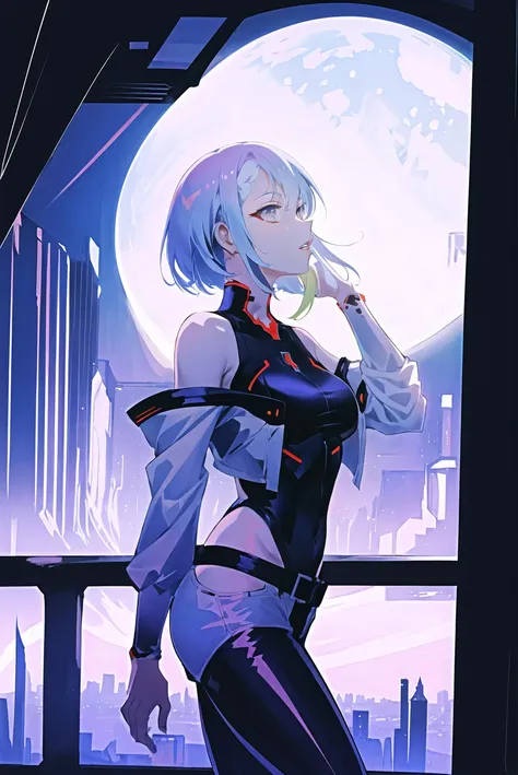 atdan,
lucy (cyberpunk), 1girl, against railing,white hair,  arm rest, bangs, bare shoulders, belt, black belt, black leotard, black pants, blurry, bob cut, breasts, building, cityscape, clothing cutout, cropped jacket, cyberpunk, depth of field, from side...