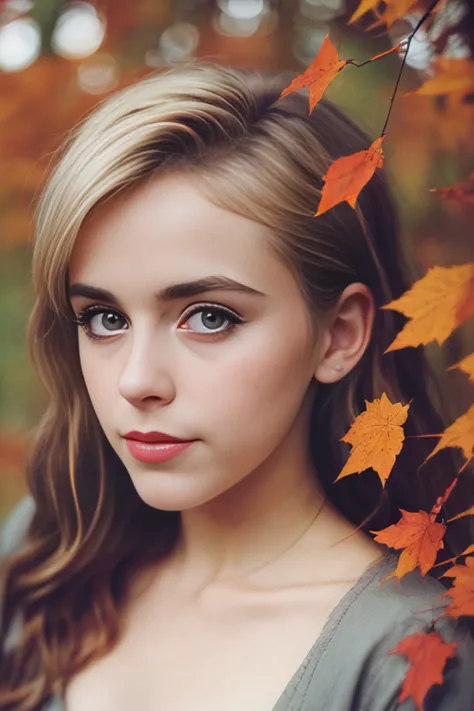 award winning medium shot color photograph of 25 years old K13rN4N5H1PK42, (very dark eyeliner, heavy makeup:1.5), in the woods, autumn, falling leaves, Evocative Pose, standing, hyper realistic photograph, detailed collarbones, small chin, detailed symmet...