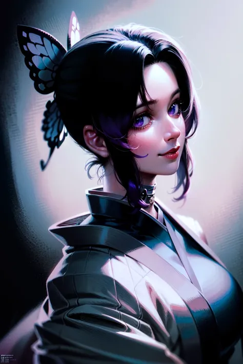 (SabuRealism:1.5), (realistic:1.3), (realism, hyperrealism:1.3), (oil painting, painterly:1.3), (soft lighting, soft shading:1.2), masterpiece, best quality, thick thighs, huge breasts, (one girl:1.3), (solo:1.3), kochou shinobu, (black background:1.5), (p...