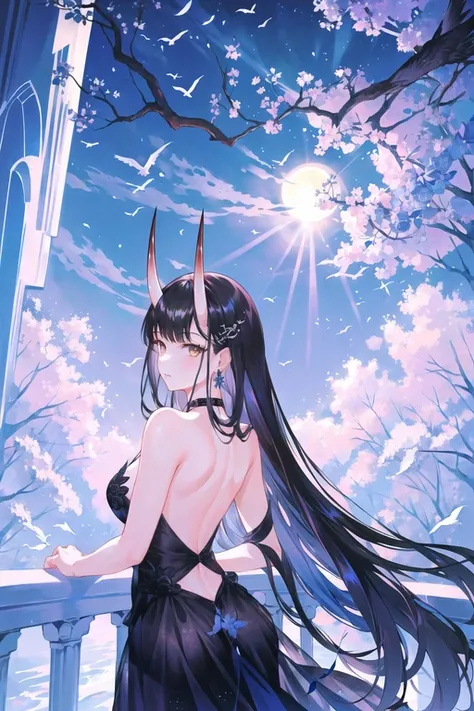 atdan,
1girl, azur lane, backless dress, backless outfit, bangs, bare shoulders, bare tree, bird, black choker, black dress, black hair, blunt bangs, choker, dress, earrings, full moon, hair ornament, hime cut, horns, jewelry, light rays, long dress, long ...