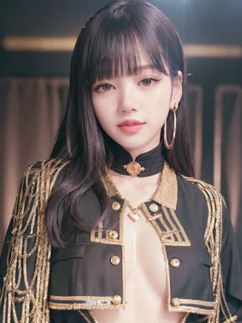 close-up portrait of Lisa Blackpink, (smiling:1.4), (buttoned black and gold blazer:1.3), black shirt,  k-pop Idol, contrapposto, best quality, ultra high res, (photorealistic:1.3), 1girl, small breasts, (in a nighclub:1.3),  beauty512, <lora:Lisa Blackpin...