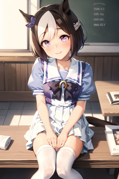 special_week_(umamusume), natsufuku, pleated skirt, puffy short sleeves, purple bow, white skirt, sailor collar, sailor shirt, tracen school uniform, sitting, from above, white thighhighs, looking at viewer, windows, horse tail, smile, head tilt, inside cl...