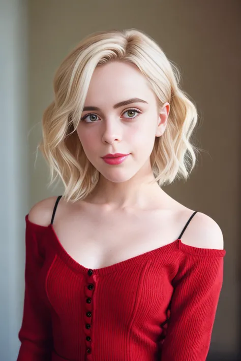 award winning color photograph of K13rN4N5H1PK42 as Sabrina Spellman, ((short wavy white bob)), (((red sweater))), hyper realistic photograph, detailed collarbones, detailed symmetrical face, body shot, perfect proportions, face in frame, film grain, Eye c...