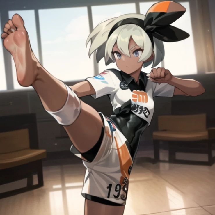 beautiful, masterpiece, best quality, extremely detailed face, perfect lighting, 1girl, solo, <lora:Bea-000018:0.9>,bea (pokemon), bodysuit, bodysuit under clothes, print shirt, print shorts, standing on one leg, leg up, knee pads,kicking, barefoot, toes, ...