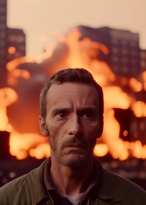 (35mmstyle:1) artstyle medium shot portrait photo captivating film still of a Skinny man with a striking expression and body language, Debris from a Giant Explosion in New York City is happening in the background out of focus, depth of field, epic, Anarchy...