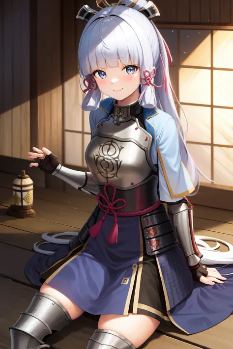 masterpiece, highres, best quality, 1girl solo, kamisato_ayaka, smile, sitting <lora:kamisato_ayaka:1.0>
arm guards, armored dress, black breastplate, japanese armor, fingerless gloves