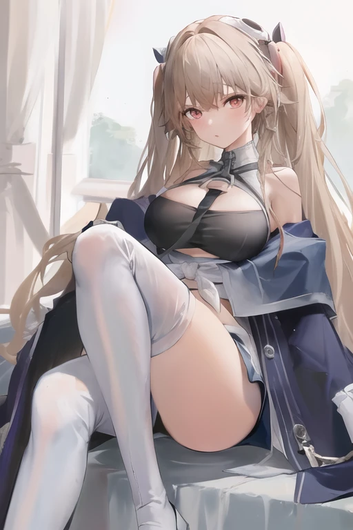 acrgazln, (masterpiece:1.3), absurdres, 1girl, solo, very long hair, headgear, blue coat, sleeves past fingers, short shorts, thigh boots, on chair, <lora:acrgazln_release:0.8>