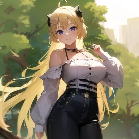 masterpiece, best quality, absurdres, perfect anatomy, realistic lighting,
, Tsunomaki Watame, virtual youtuber, 1girl, solo, blond hair, medium breasts, smile,
, cowboy shot, outdoors, off-shoulder shirt, high-waist pants