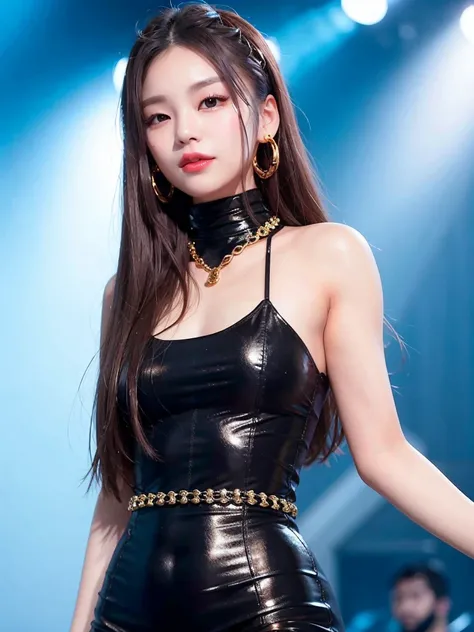 portrait of yeji,  black turtleneck top, golden chain, smiling, red lips, slender body, <lora:Yeji Itzy:0.7>