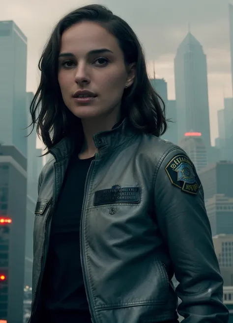Portrait of natlp as a beautiful female model, georgia fowler, beautiful face, with short dark brown hair, in cyberpunk city at night. She is wearing a leather jacket, black jeans, dramatic lighting, (police badge:1.2)
