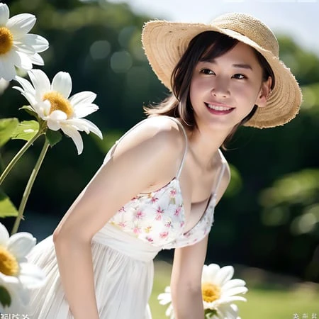 (gakki:0.9),(masterpiece), looking at viewer,
best quality, ultra high res, (photorealistic:1.4), 1woman, (white sundress flowers pattern:1.4), (straw hat on head), beach, posing, (low angle), (bokeh), sunset, (aegyo sal:1.4), ((puffy eyes)), (seductive po...
