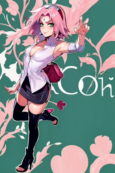 haruno sakura, naruto (series), naruto shippuuden, 1girl, (secretary outfit), ((stockings)), (white shirt), cleavage, (black skirt), heels, smug, konohagakure symbol, forehead mark, bangs, breasts, closed mouth, elbow sleeve, eyes visible through hair, flo...