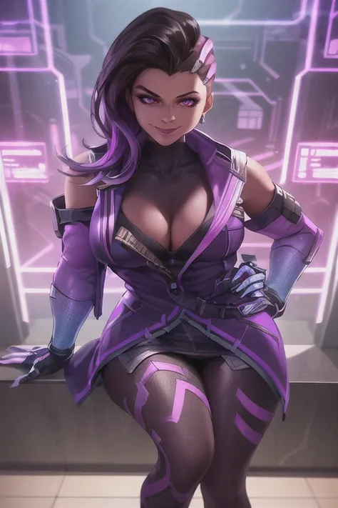 1girl, coat, legwear, mascara, seductive pose, wide smile expression, <lora:sombraV1B:0.7>, sombra (overwatch), perfect arms, cyberpunk, hacker room, very detailed background, masterpiece, best quality, HDR, high quality, high-definition, CG