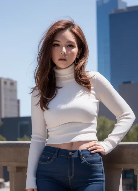 solo,woman,(looking away),(smiling:1.05),(shiny skin:1.1),blush,,hand on hip,
cowboy shot,( turtleneck, city),
skindentation,
photo referenced,best quality, ultra high res, (photorealistic:1.4),  (detailed face and eyes),