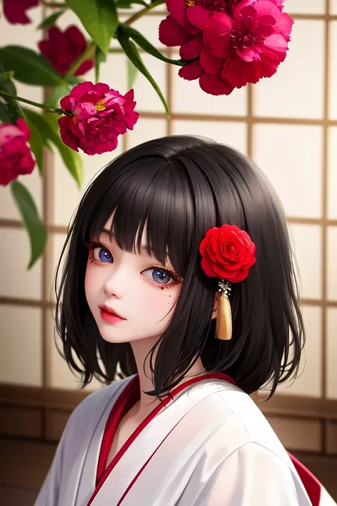 masterpiece,best quality,absurdres,original,extremely delicate and beautiful,beautiful detailed eyes and face,1girl, black_hair, flower, japanese_clothes, looking_at_viewer, mole, red_flower, solo,(masterpiece:1.4),(best quality:1.4)