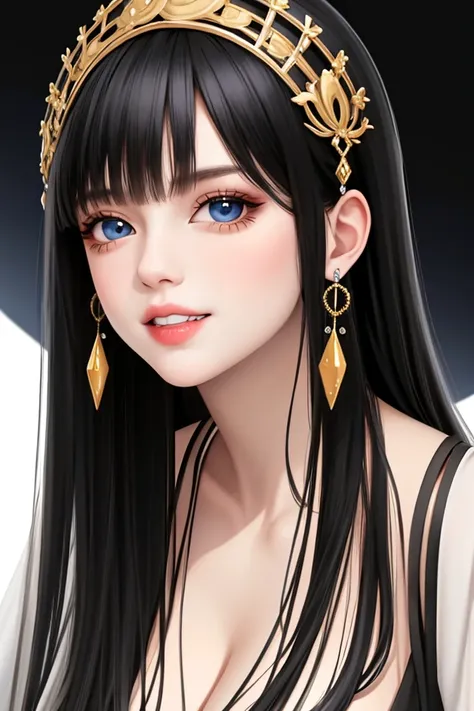 1girl, black hair, blue eyes, closed mouth,from side,natural smile, collarbone, earrings, jewelry, parted lips, teeth, long hair,(rich:1.3), looking at viewer, parted bangs, portrait, simple background, solo, white background,(shiny skin),cute,huge breasts...