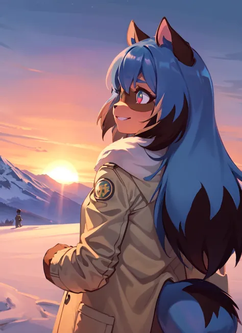 furry raccoon girl, 1girl, solo, multicolored eyes, raccoon ears, two-tone hair, (high quality, best quality), body fur, animal nose, sunset, horizon, mountain edge, long hair, gray coat, from behind, tail, upper body, snow, winter, smile