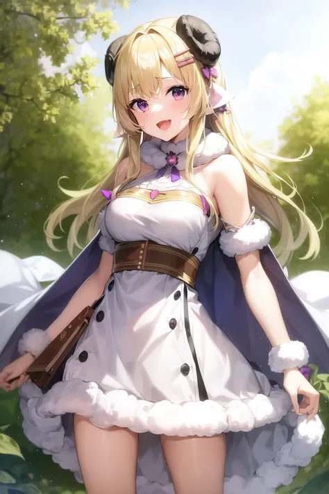 masterpiece, best quality, absurdres, perfect anatomy, , Tsunomaki Watame, blonde hair, purple eyes, medium breasts, , standing, cowboy shot, solo, 1girl, :d, , WataDress, fur-trimmed, dress, white dress, bare shoulders, hairclip, cape