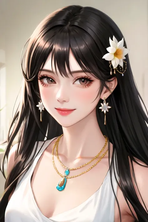 1girl, black hair, closed mouth, earrings, flower, hair ornament, jewelry, long hair, looking at viewer, necklace, portrait, smile, solo, upper body,(shiny skin),(masterpiece:1.4),(best quality:1.4)