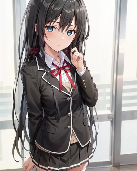 anime girl in school uniform with long black hair and blue eyes