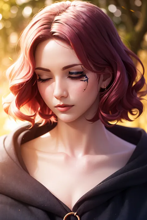 melina (elden ring), 1girl, ashes, blush, burning, cloak, closed mouth, erdtree (elden ring), eyelashes, facial mark, lips, looking away, looking down, medium hair, motion blur, o-ring, one eye closed, orange eyes, pink hair, portrait, solo , ((masterpiece...