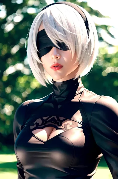 masterpiece, (photorealistic:1.4), best quality, beautiful lighting, , 

yorha no. 2 type b, 1girl, wlop, ((blindfold)), breasts, cleavage, cleavage cutout, clothing cutout, green background, hair between eyes, hairband, highres, juliet sleeves, long sleev...