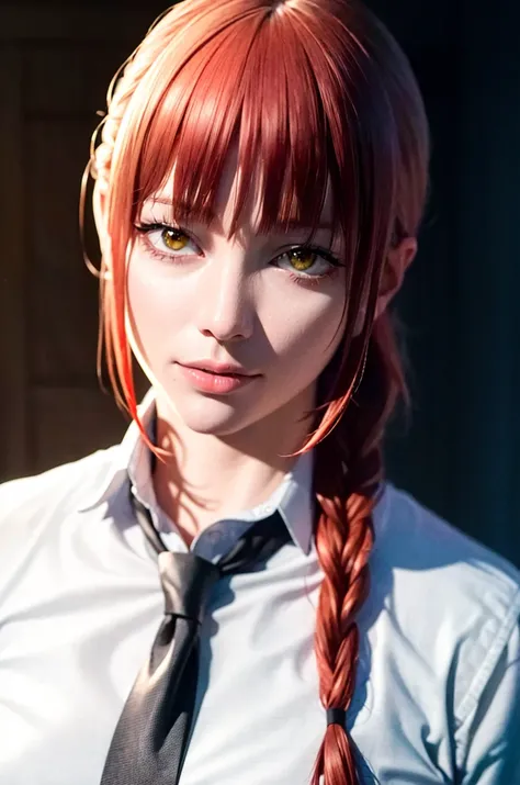 masterpiece, (photorealistic:1.4), best quality, beautiful lighting,

, makima (chainsaw man), (red hair)+(long braided hair)+(bangs), yellow eyes, golden eyes, (ringed eyes), (white shirt), (necktie), 

RAW photo, 8k uhd, film grain <lora:makima_offset:1>