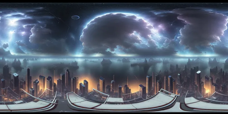 a 360 equirectangular panorama , modelshoot style, (extremely detailed CG unity 8k wallpaper), floating in space, view of a interplanetary city, with stars in the sky, by Jeremy Mann, Greg Manchess, Antonio Moro, trending on ArtStation, trending on CGSocie...